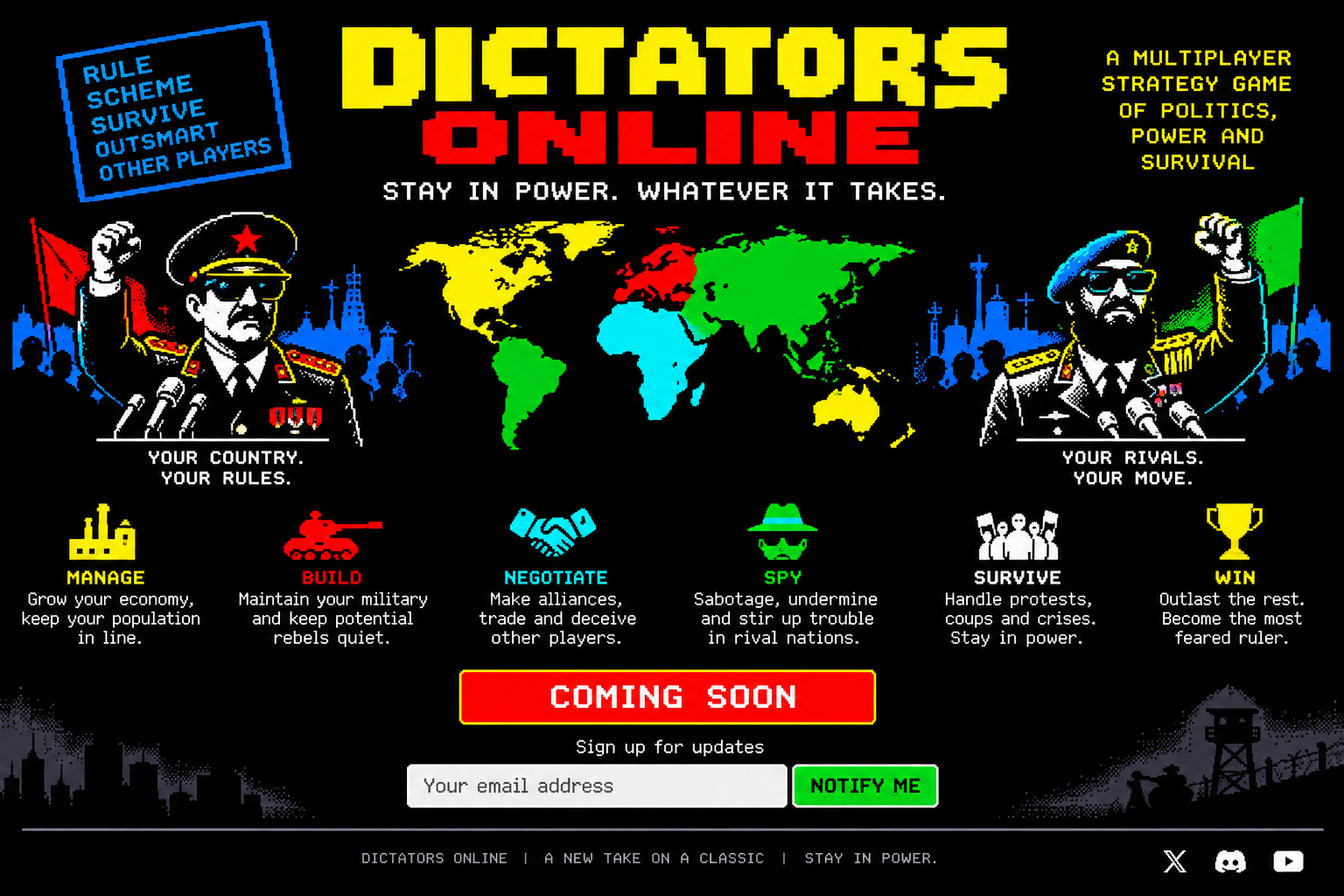 Retro pixel-art Dictators Online concept with rival rulers and world map